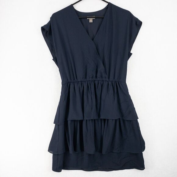 J. Crew Point Sur Dress Womens 8 Navy Blue V Neck Ruffle Short Sleeve - Picture 1 of 12